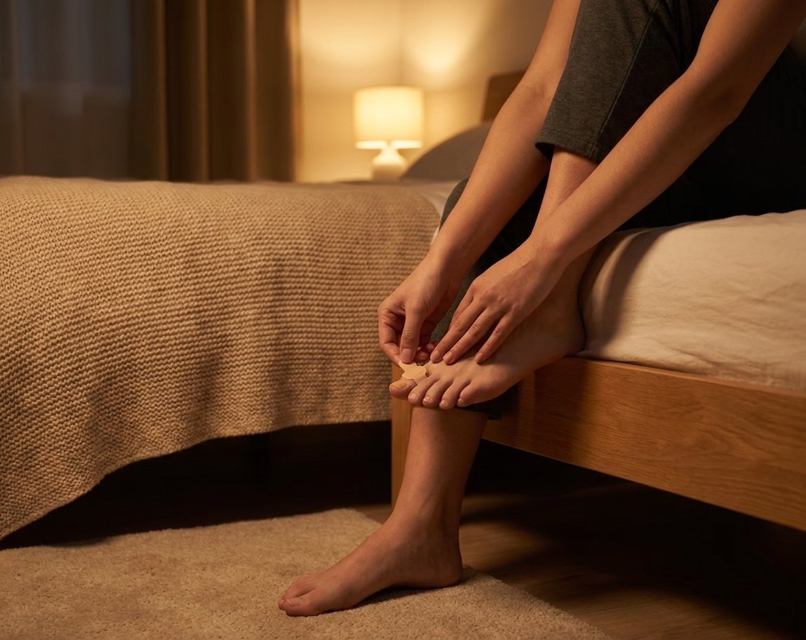 Persona aplicando el parche sobre la una del pie antes de dormir en el dormitorio