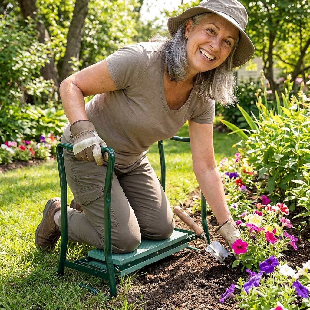Persona usando GardenEase arrodillada en el jardín sin dolor de rodillas apoyo manos