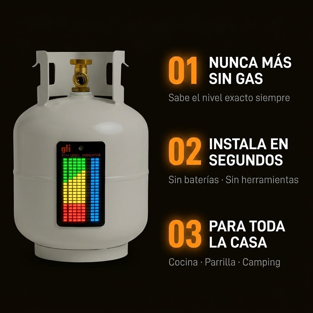 Beneficios: nunca sin gas, instalación 5 segundos, reutilizable, apto todos los cilindros