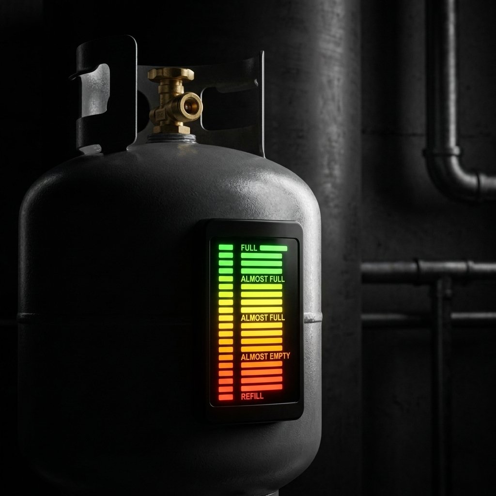 Indicador magnético nivel de gas GLI pegado en cilindro doméstico fondo oscuro
