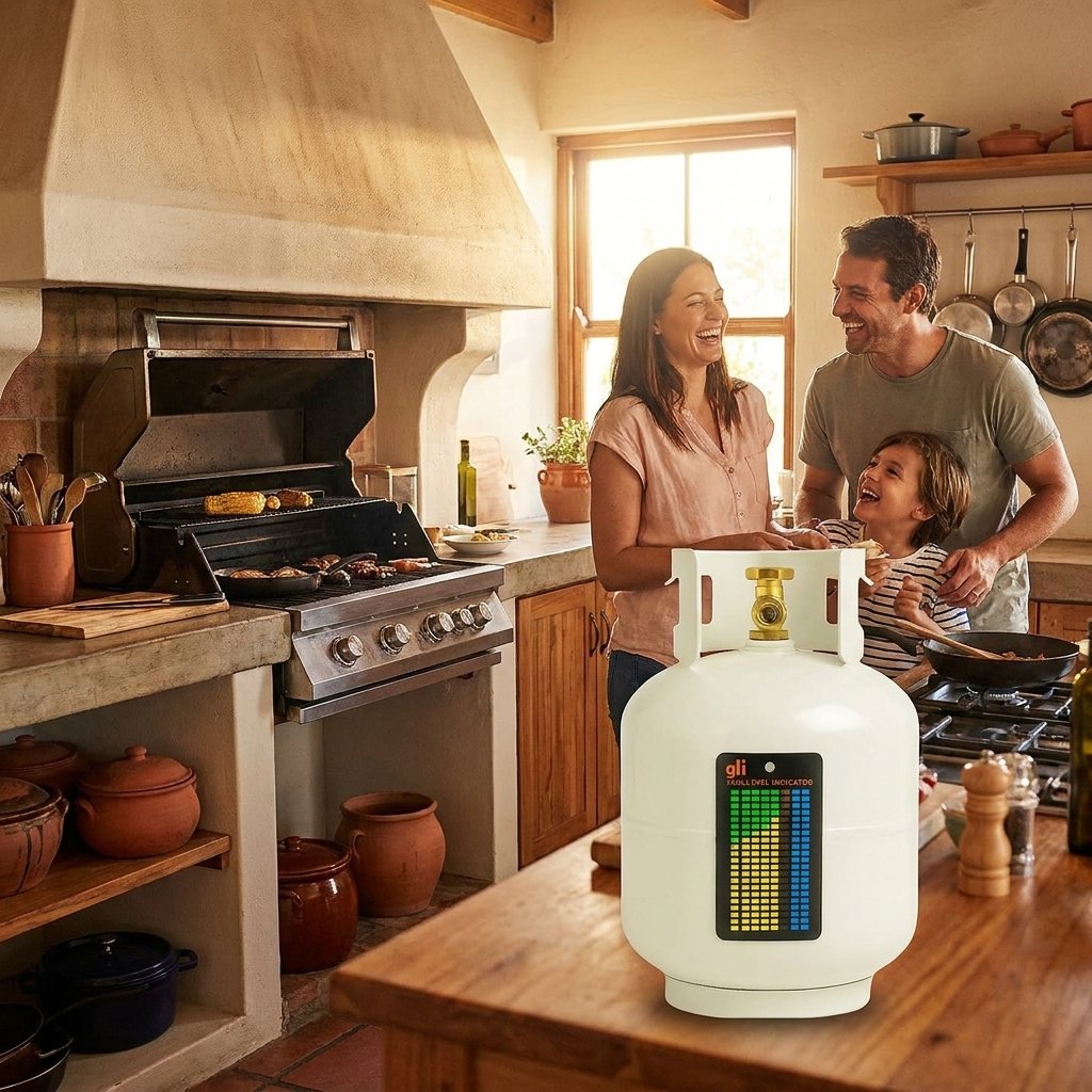 Familia cocinando tranquila con indicador nivel gas visible en cilindro de cocina