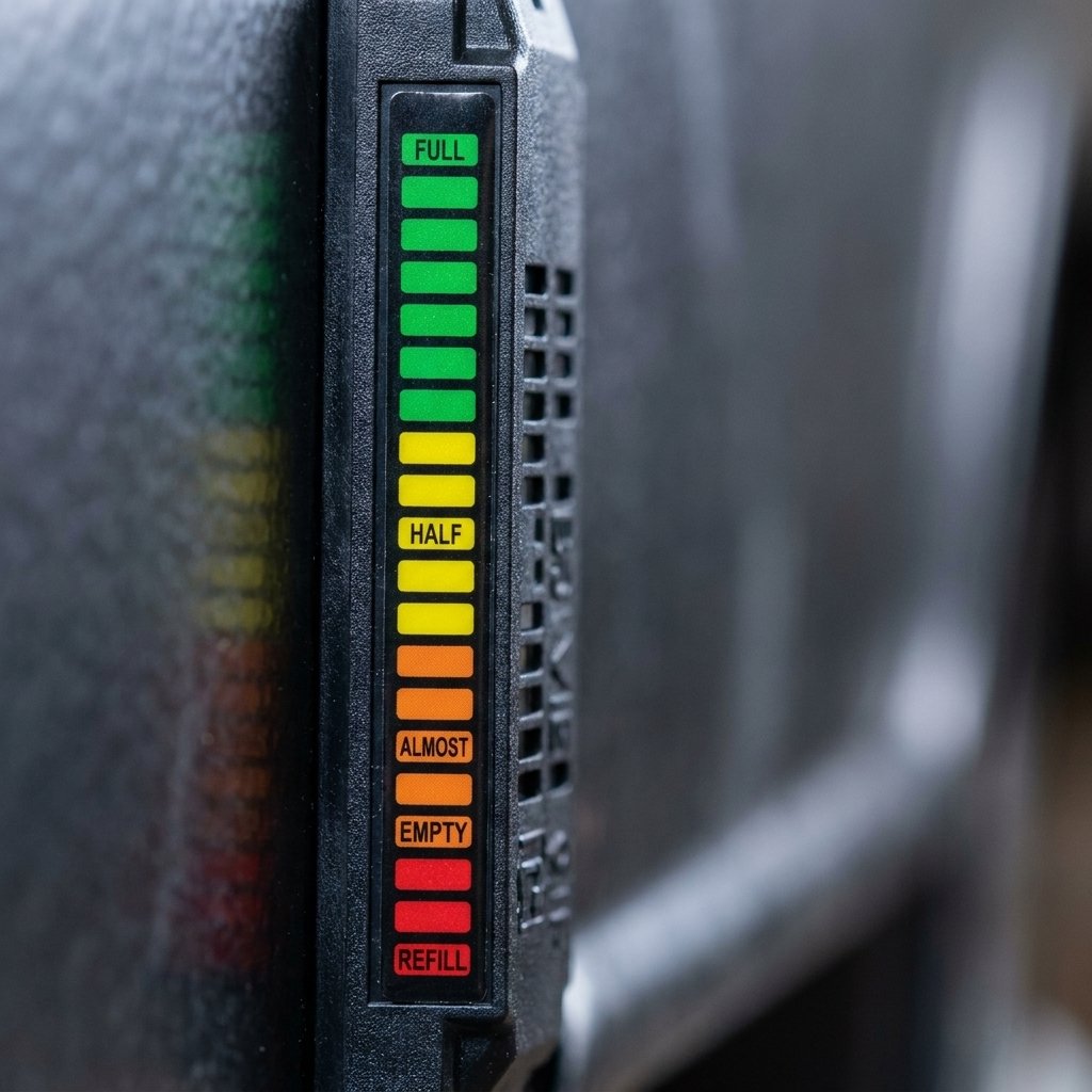Detalle tira indicadora nivel gas con escala colores verde amarillo naranja rojo
