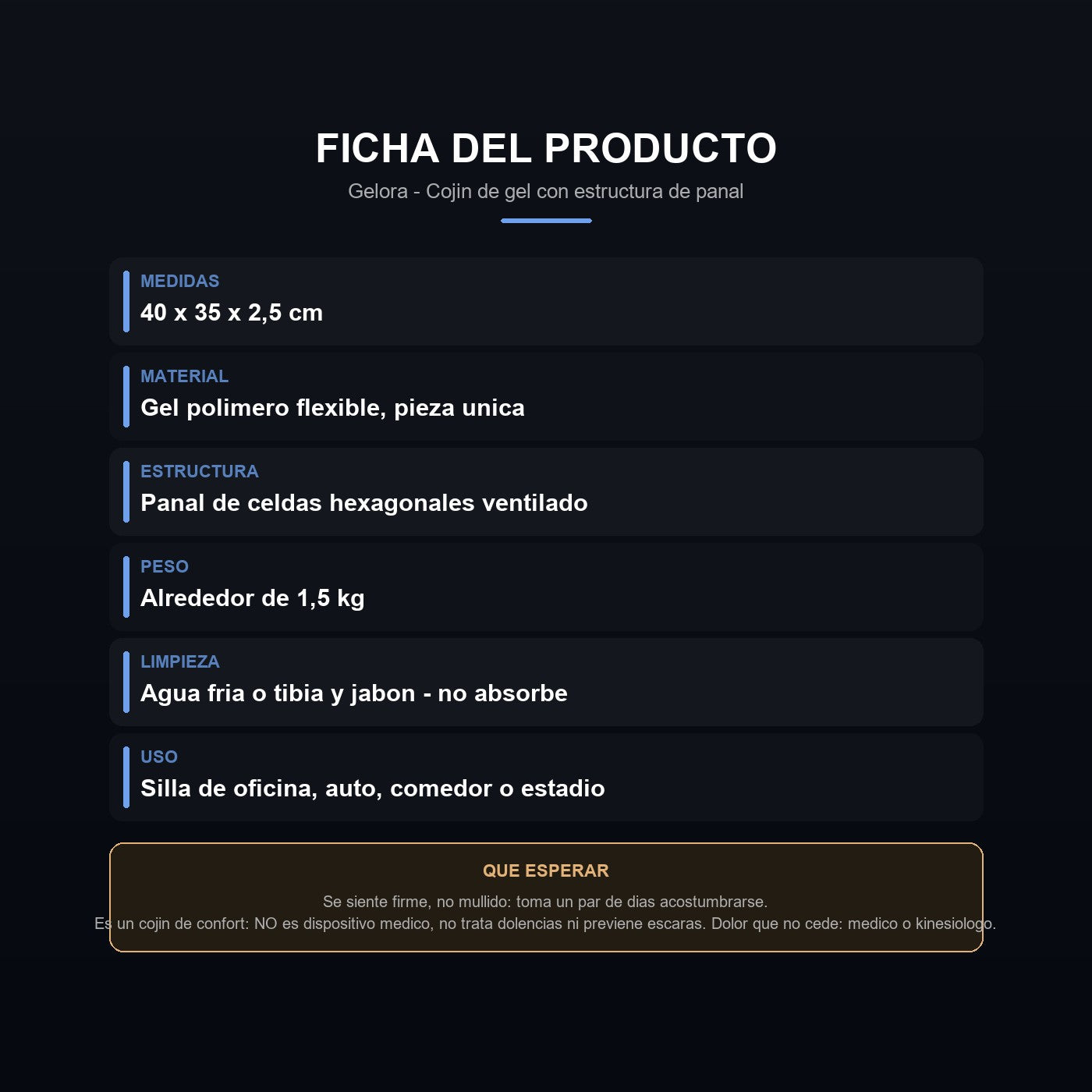 Ficha tecnica: medidas, material, limpieza y cuidados