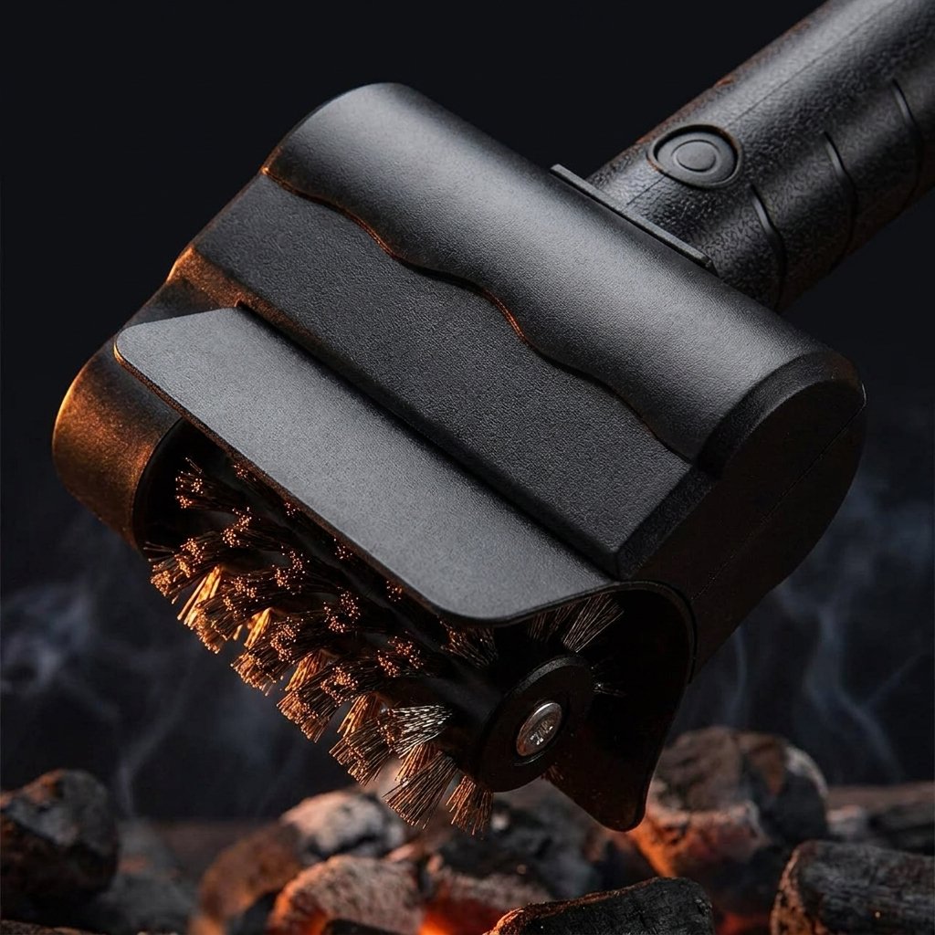 Detalle del cabezal giratorio con cerdas de acero inoxidable del cepillo de parrilla