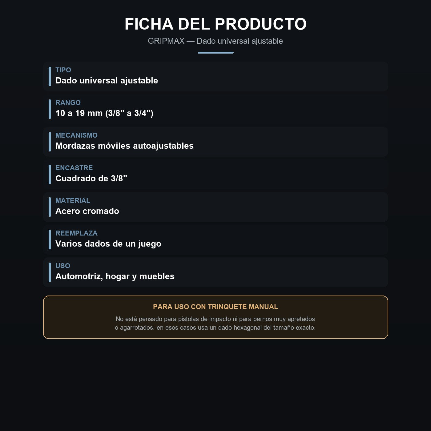 Ficha del dado universal GRIPMAX: 10 a 19 mm, encastre 3/8, acero cromado