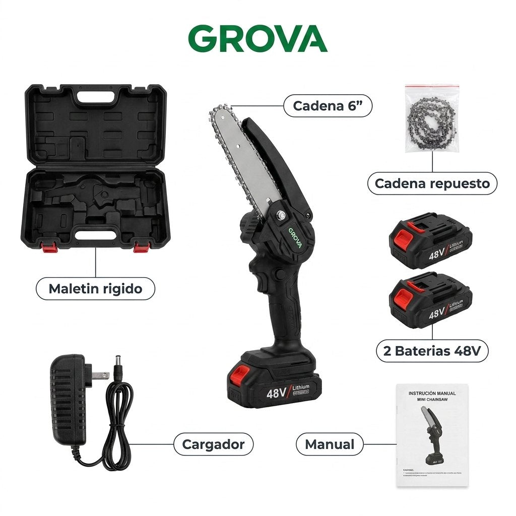 Kit completo GROVA: motosierra, batería 48V, cargador, cadena repuesto, llave de ajuste