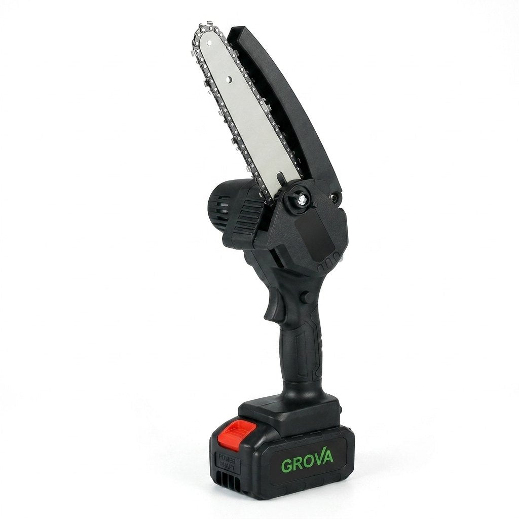 Mini motosierra inalámbrica GROVA 48V litio — vista completa con batería y cadena 6 pulgadas