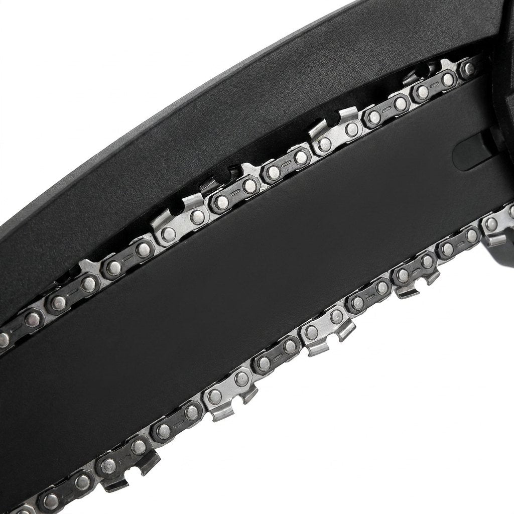 Detalle cadena y espada GROVA 6 pulgadas — dientes afilados para corte de ramas hasta 10cm