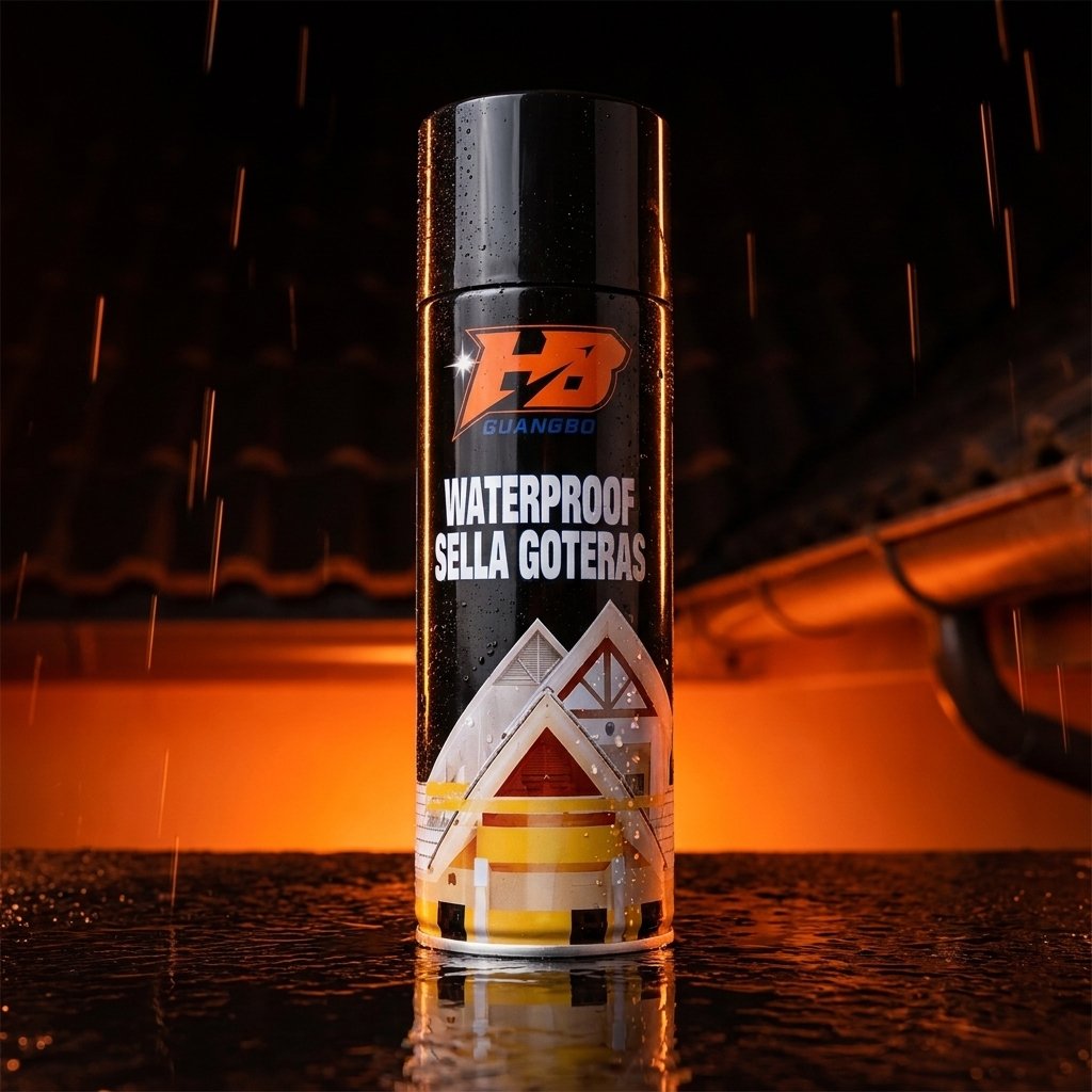 Guangbo spray sella goteras impermeabilizante caucho flexible 700ml acabado negro techos