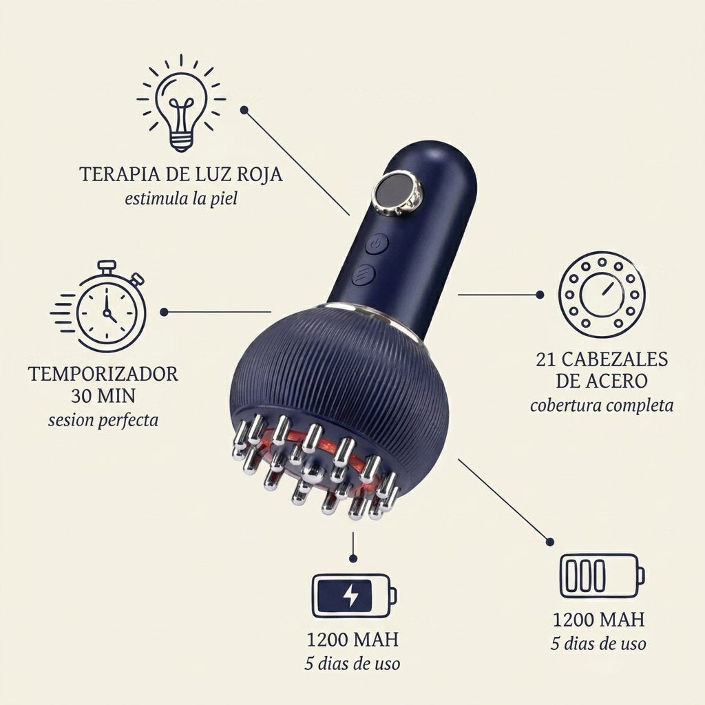 Especificaciones: terapia de luz roja, 21 cabezales, batería 1200 mAh