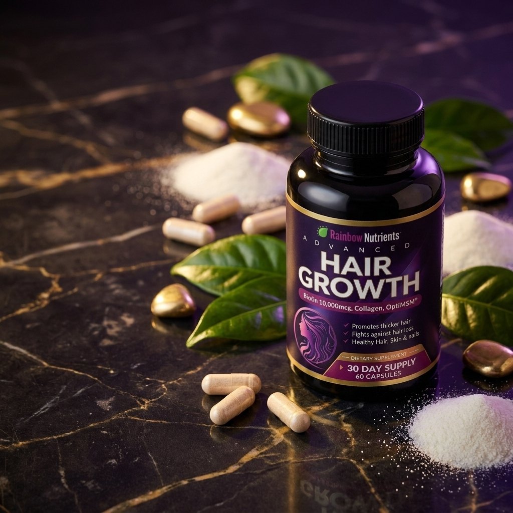 Rainbow Nutrients Hair Growth Force sobre mármol oscuro con ingredientes
