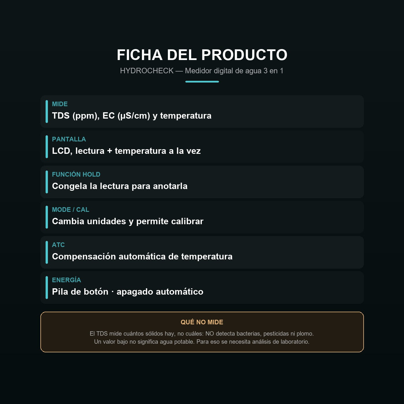 Ficha del medidor: TDS, EC, temperatura, HOLD y ATC