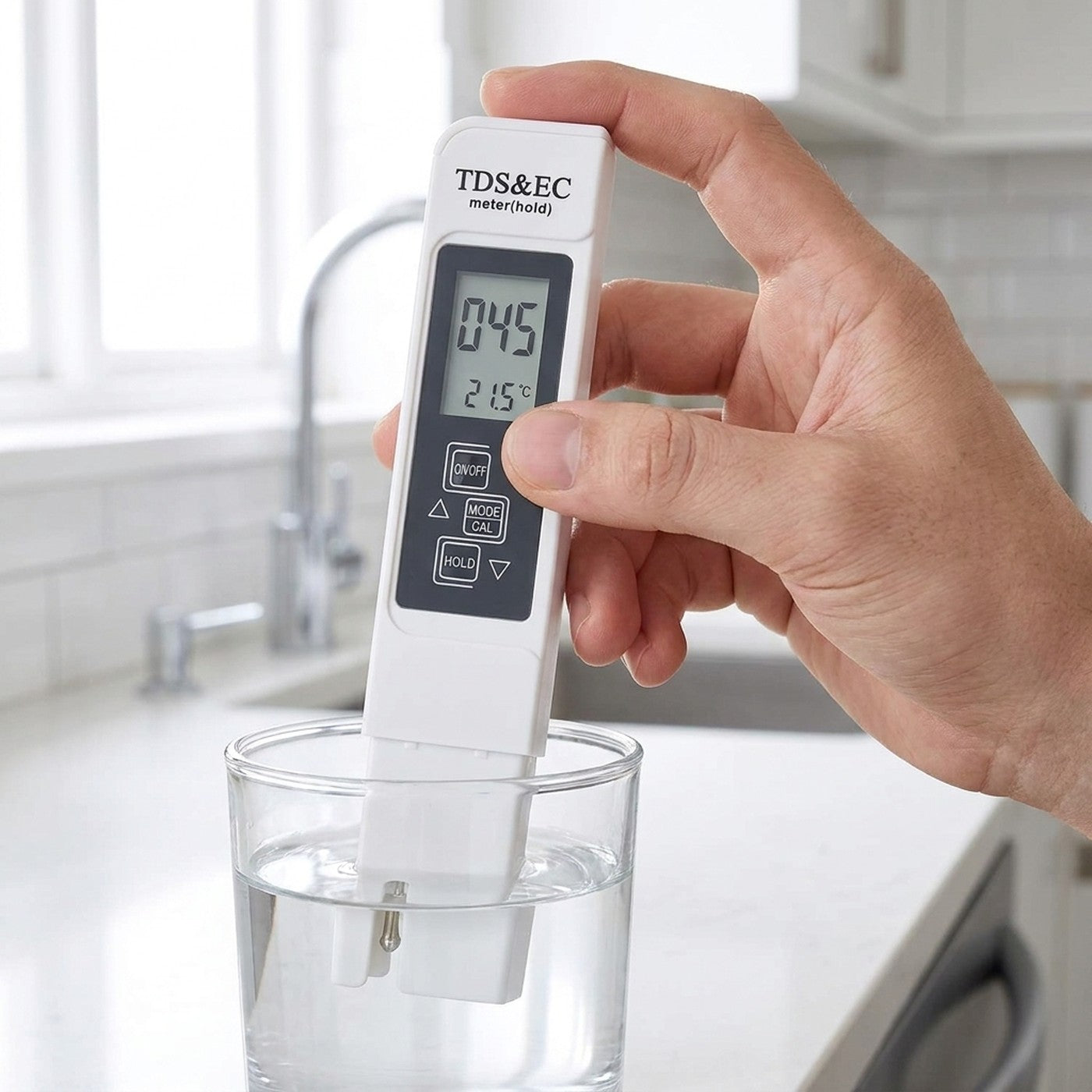 Midiendo el TDS de un vaso de agua en la cocina