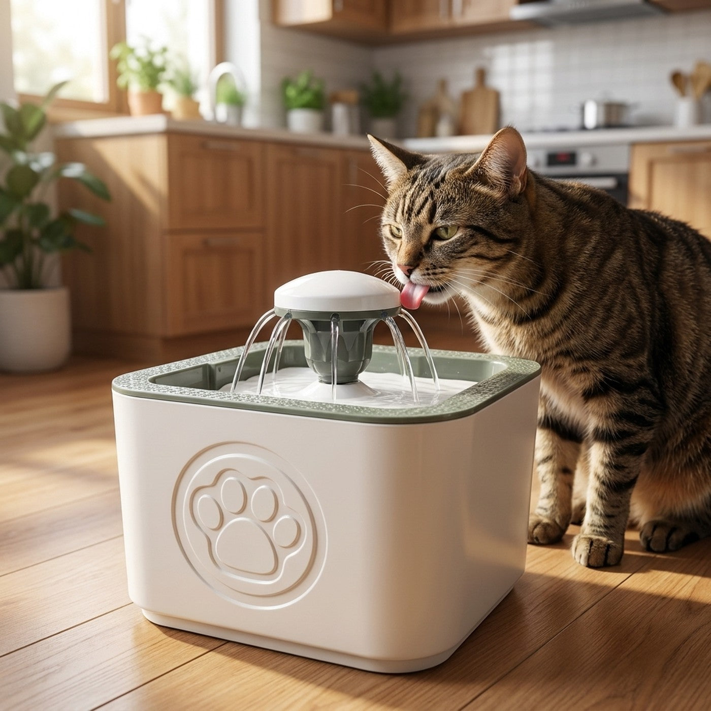 Gato bebiendo agua en movimiento de la fuente HydroPet Fresh