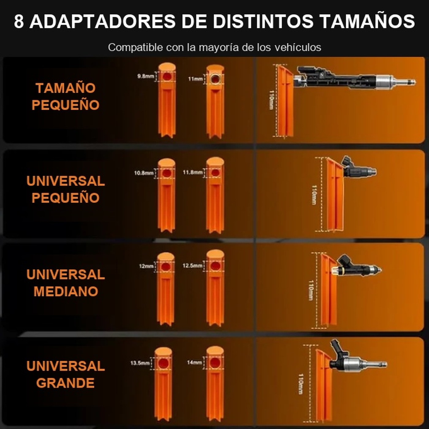 8 adaptadores de distintos tamanos: 9,8 a 14 mm, compatibles con la mayoria de los vehiculos