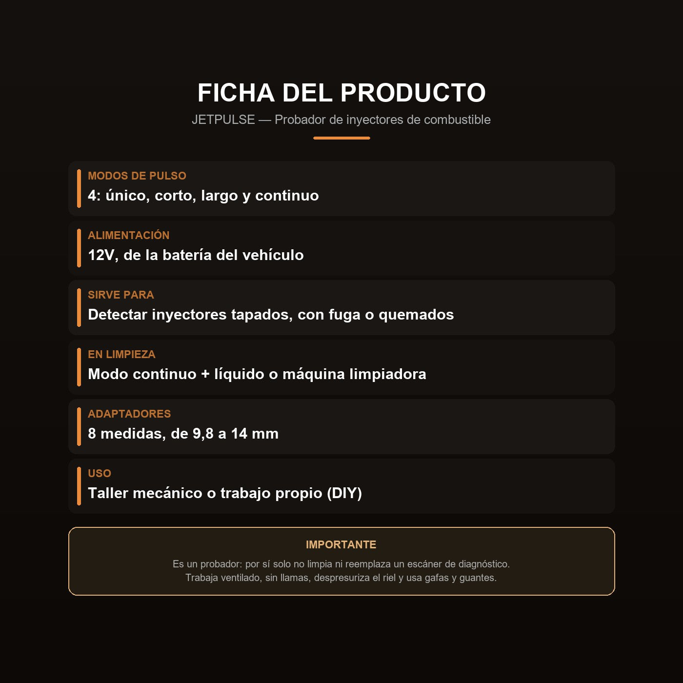 Ficha del probador de inyectores: 4 modos de pulso, alimentacion 12V