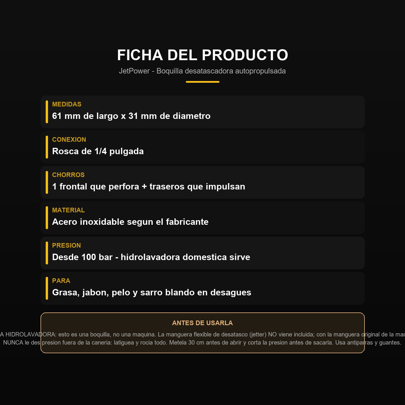Ficha: medidas, rosca, presion y uso seguro