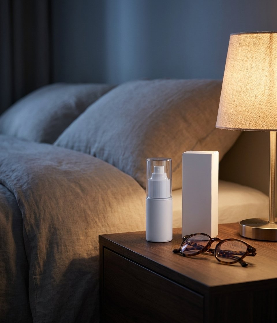 Frasco sobre el velador de un dormitorio con luz tenue formato discreto