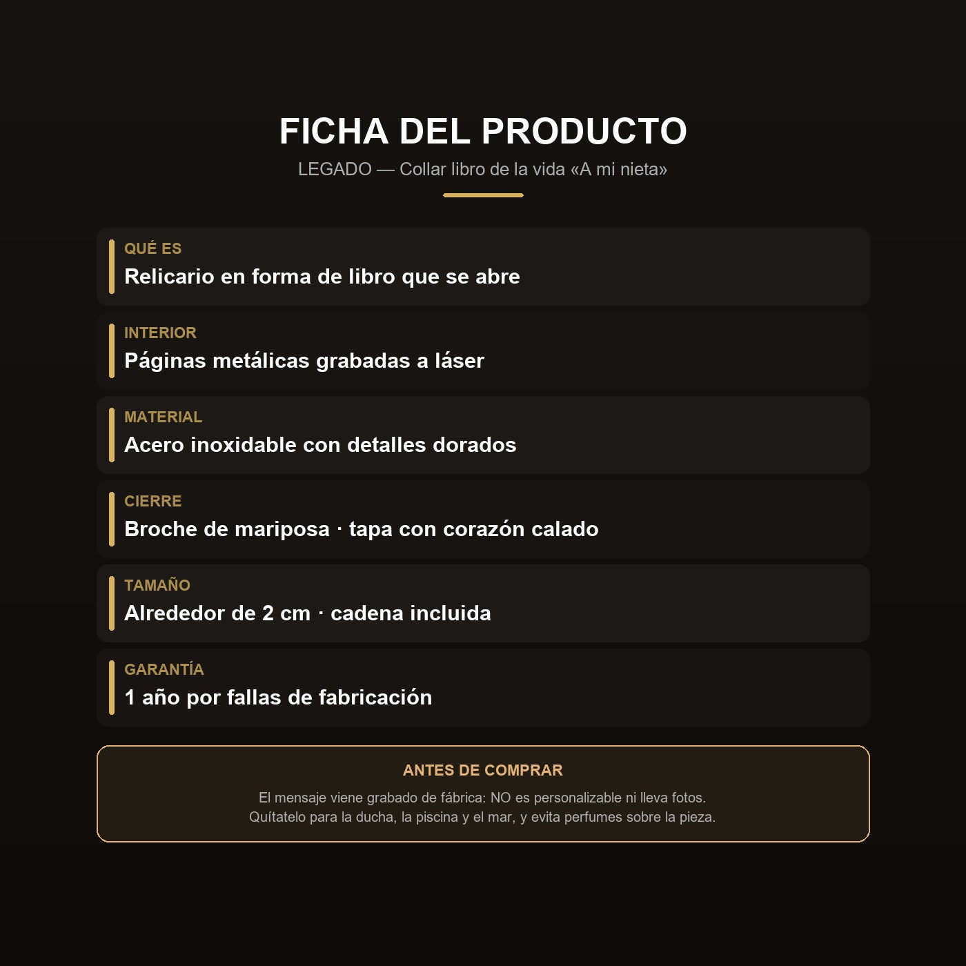 Ficha del collar libro: acero inoxidable, bisagra y cierre