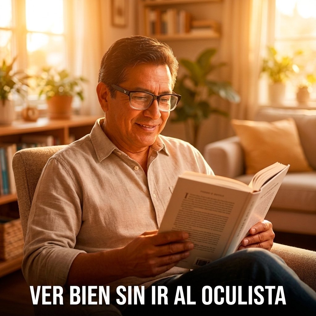 Persona mayor leyendo libro con lentes autofocal sala comoda luz natural