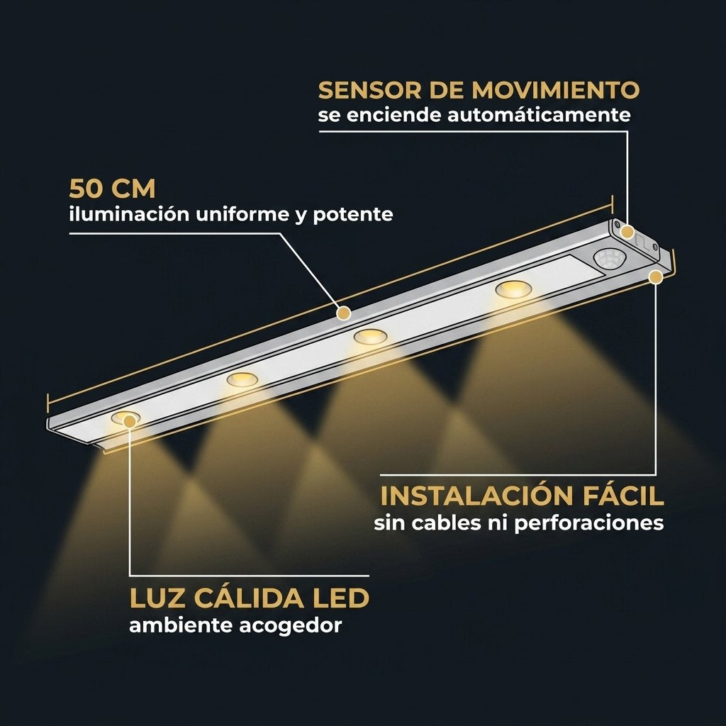 Especificaciones: 50cm, sensor de movimiento, instalación fácil, luz cálida
