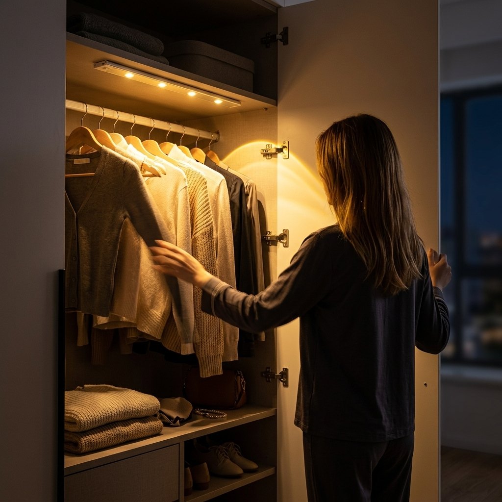 Mujer abriendo clóset iluminado automáticamente con barra LED LUMA
