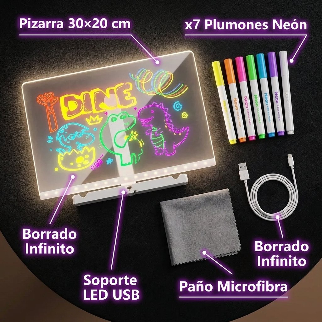 Contenido kit LUMIK pizarra LED soporte 7 plumones paño microfibra cable USB 30x20cm