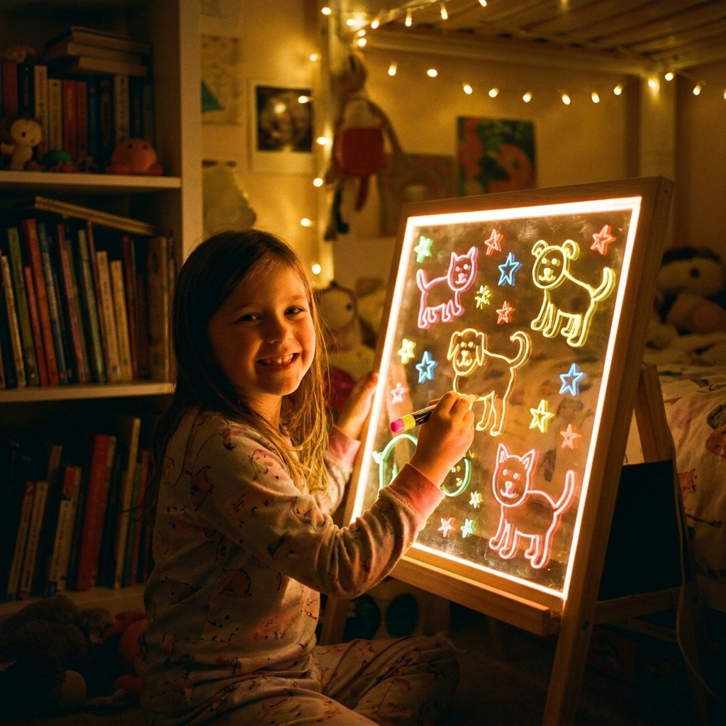 Niña dibujando con plumones de colores en pizarra LED LUMIK encendida en habitación