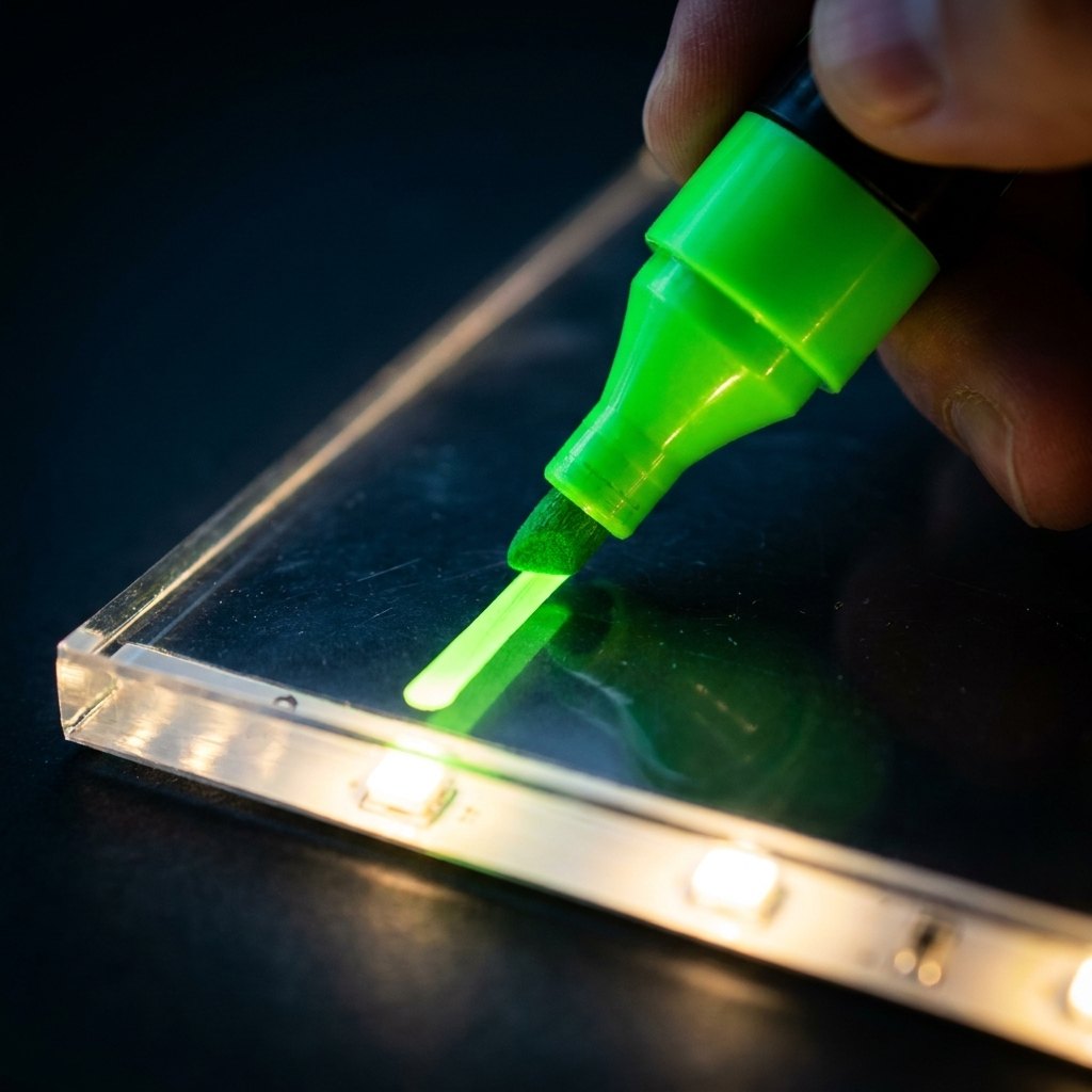 Detalle trazo de plumón neón sobre pizarra LED LUMIK encendida efecto glow luminoso