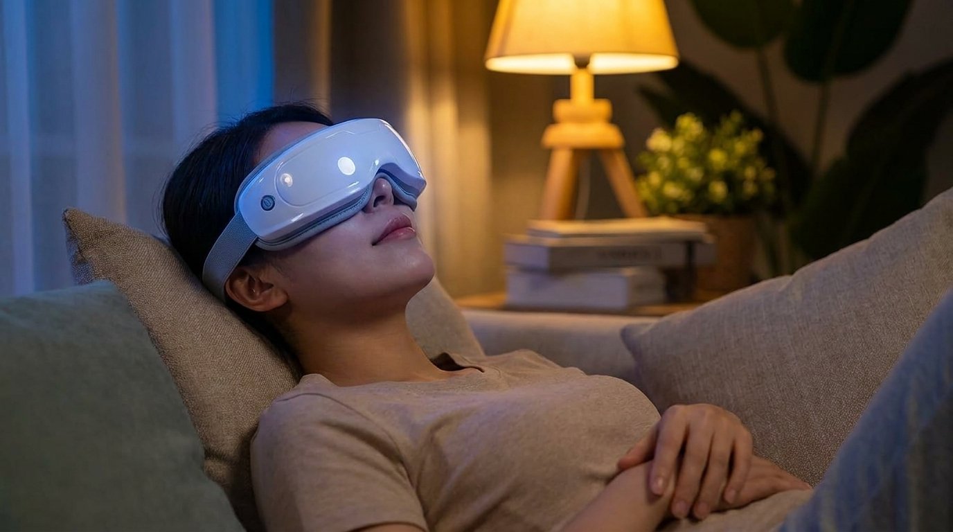Persona recostada usando el masajeador de ojos para descansar despues del computador