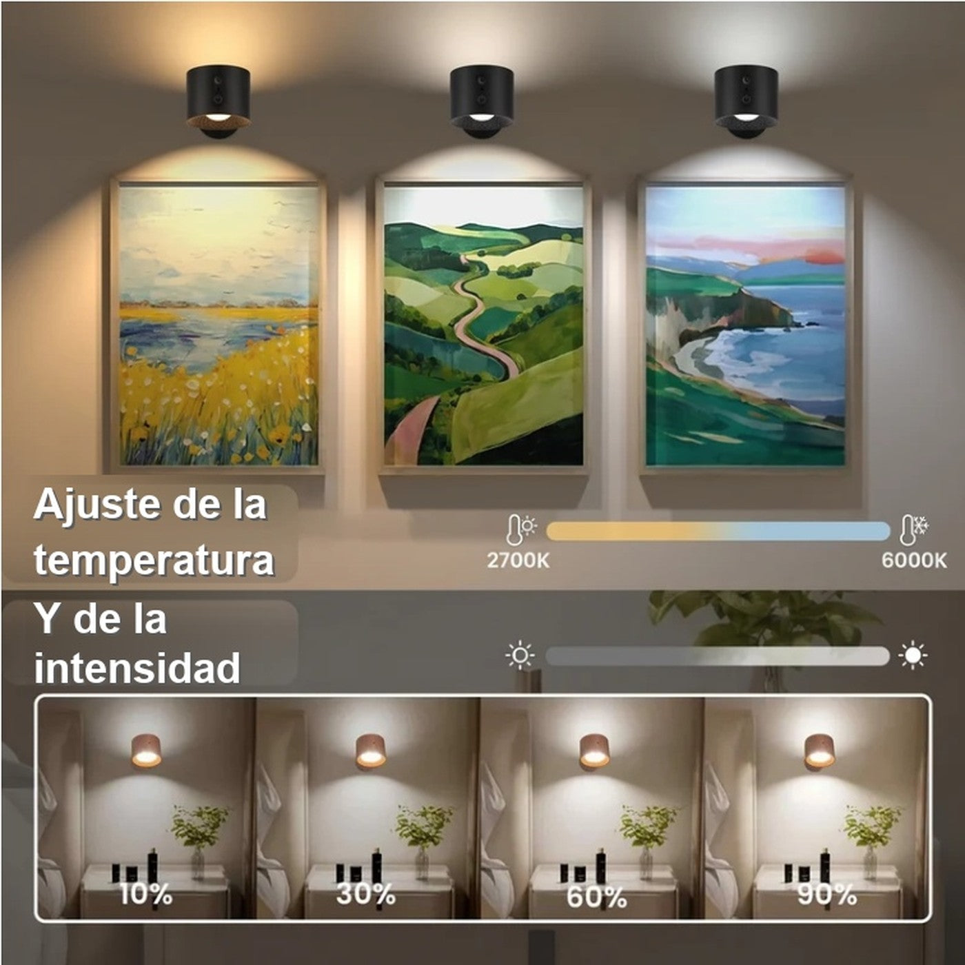 Ajuste de temperatura de color de 2700K a 6000K y de intensidad