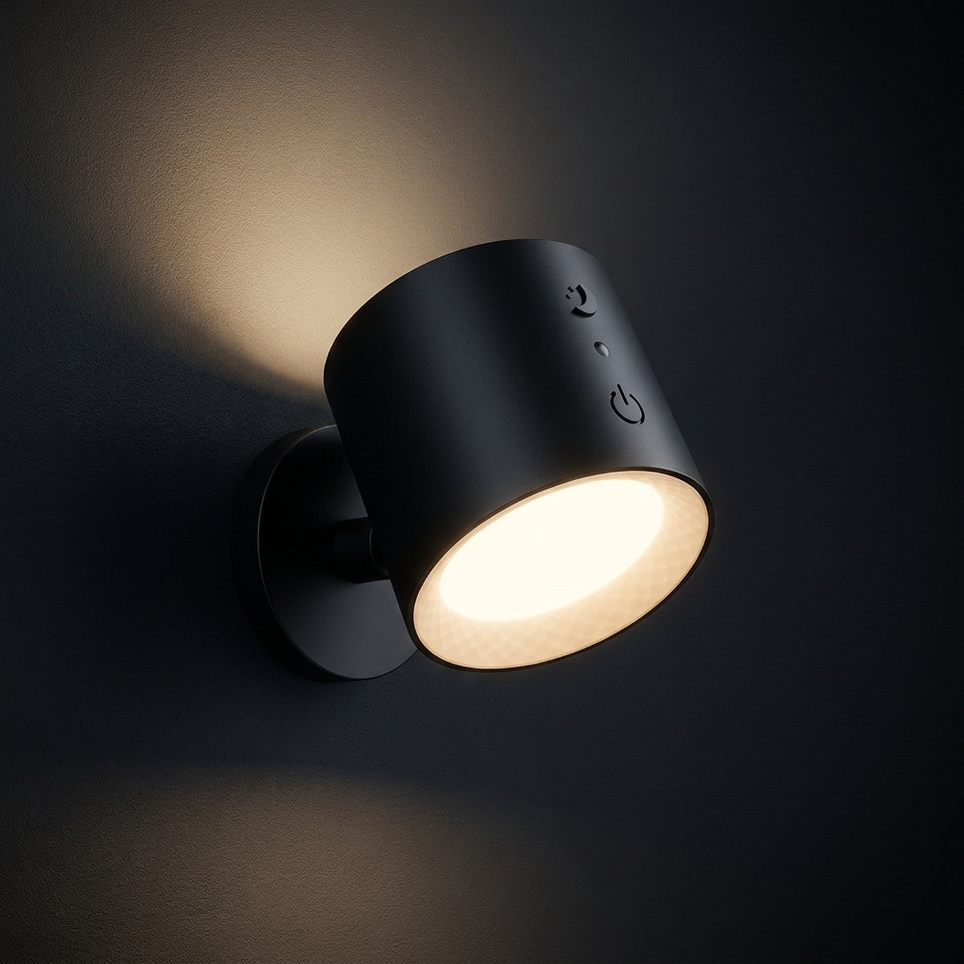 Aplique LED inalambrico negro encendido en la pared