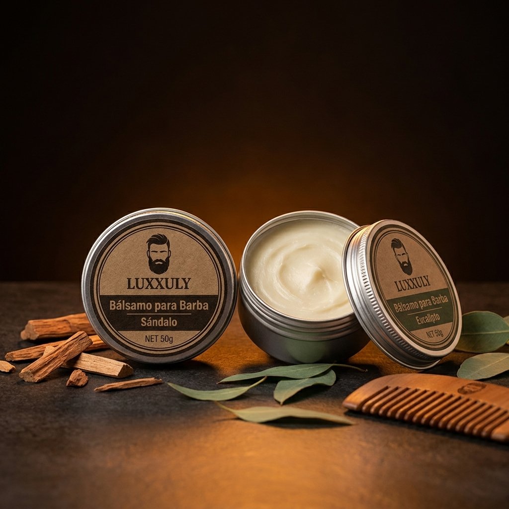 LUXXULY bálsamo barba 50g tarro metálico sándalo eucalipto aceites naturales mantecas