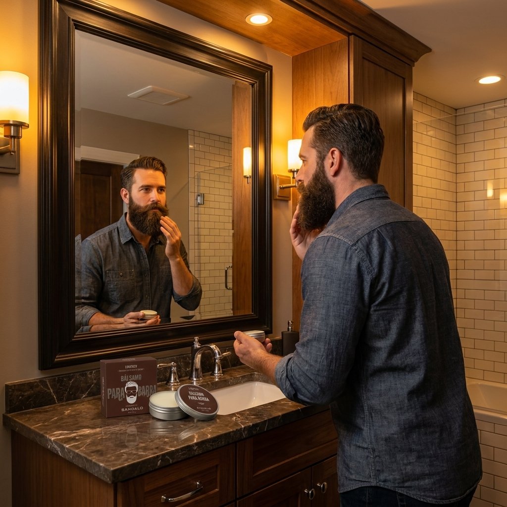 Hombre barba bien arreglada aplicando LUXXULY bálsamo rutina grooming masculina