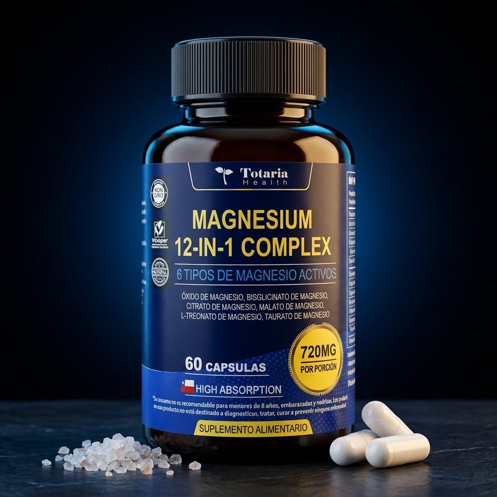 Magnesium 12-in-1 Complex Totaria Health 6 tipos de magnesio 720 mg 60 cápsulas vegetales alta absorción