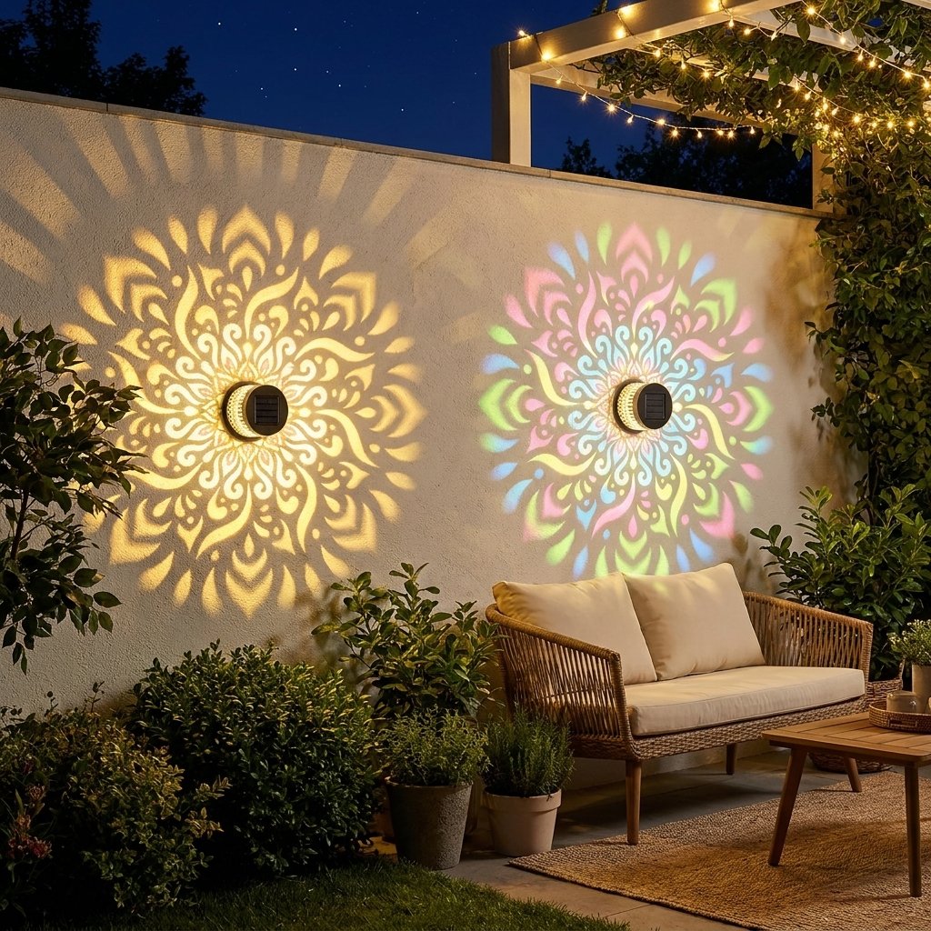 Mandalux instalado en muro de patio proyectando mandala de luz jardín noche ambiente
