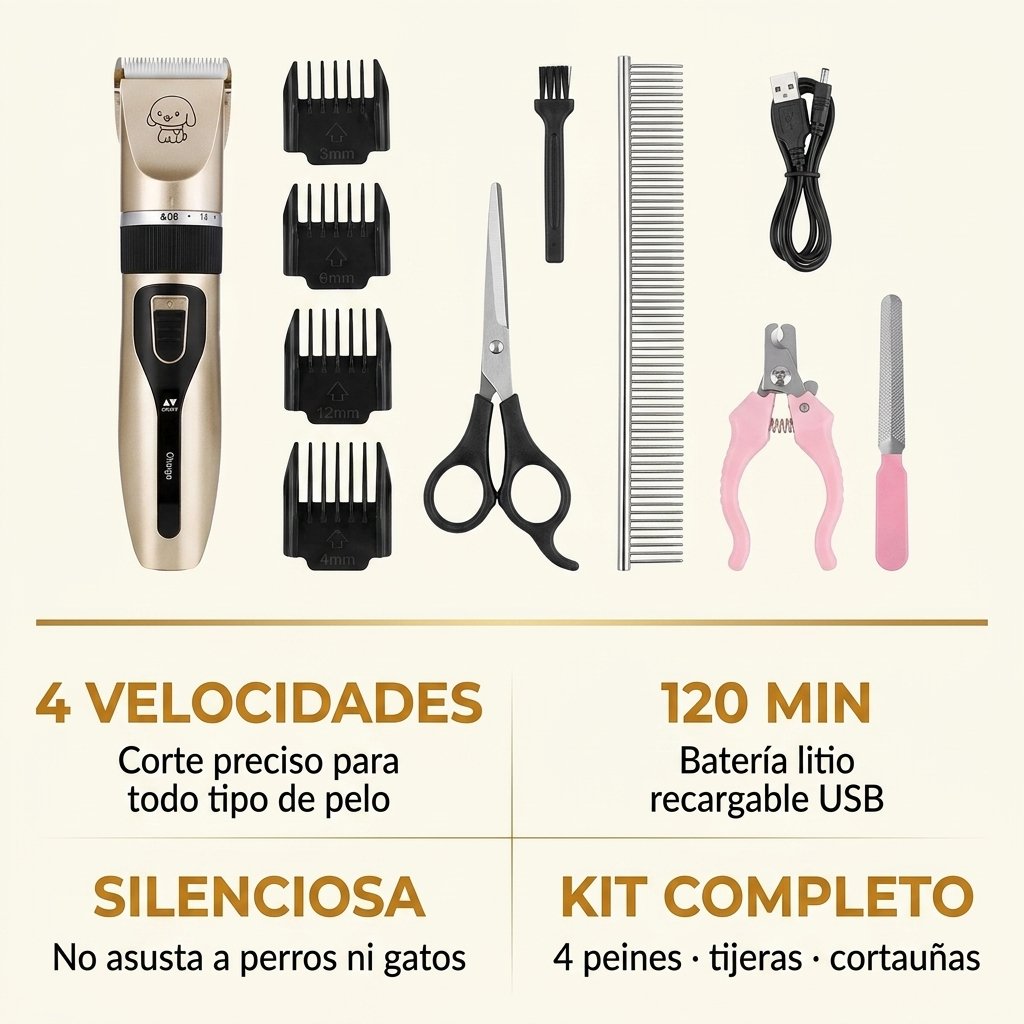 Especificaciones: 4 velocidades, 120 min, silenciosa, 4 peines incluidos