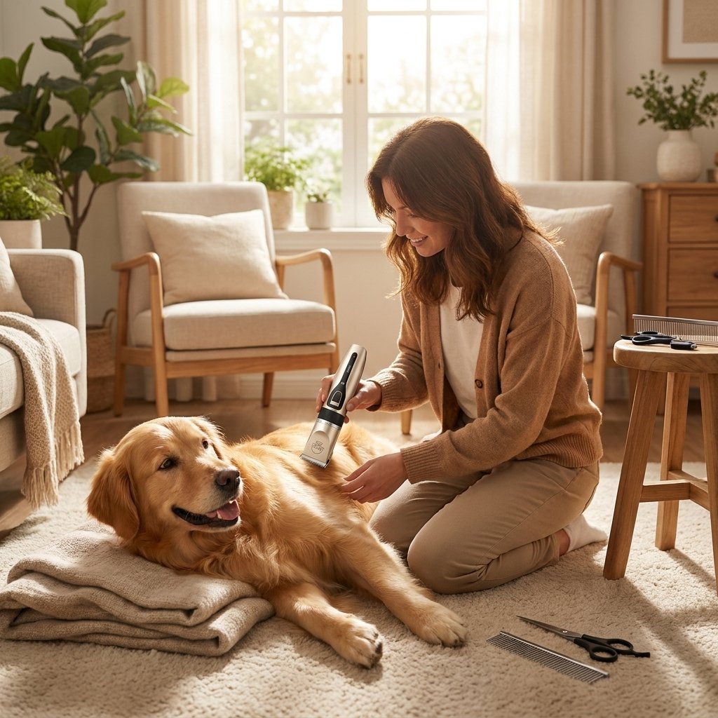 Persona cortando pelo de perro golden retriever con cortadora PAWPRO en casa