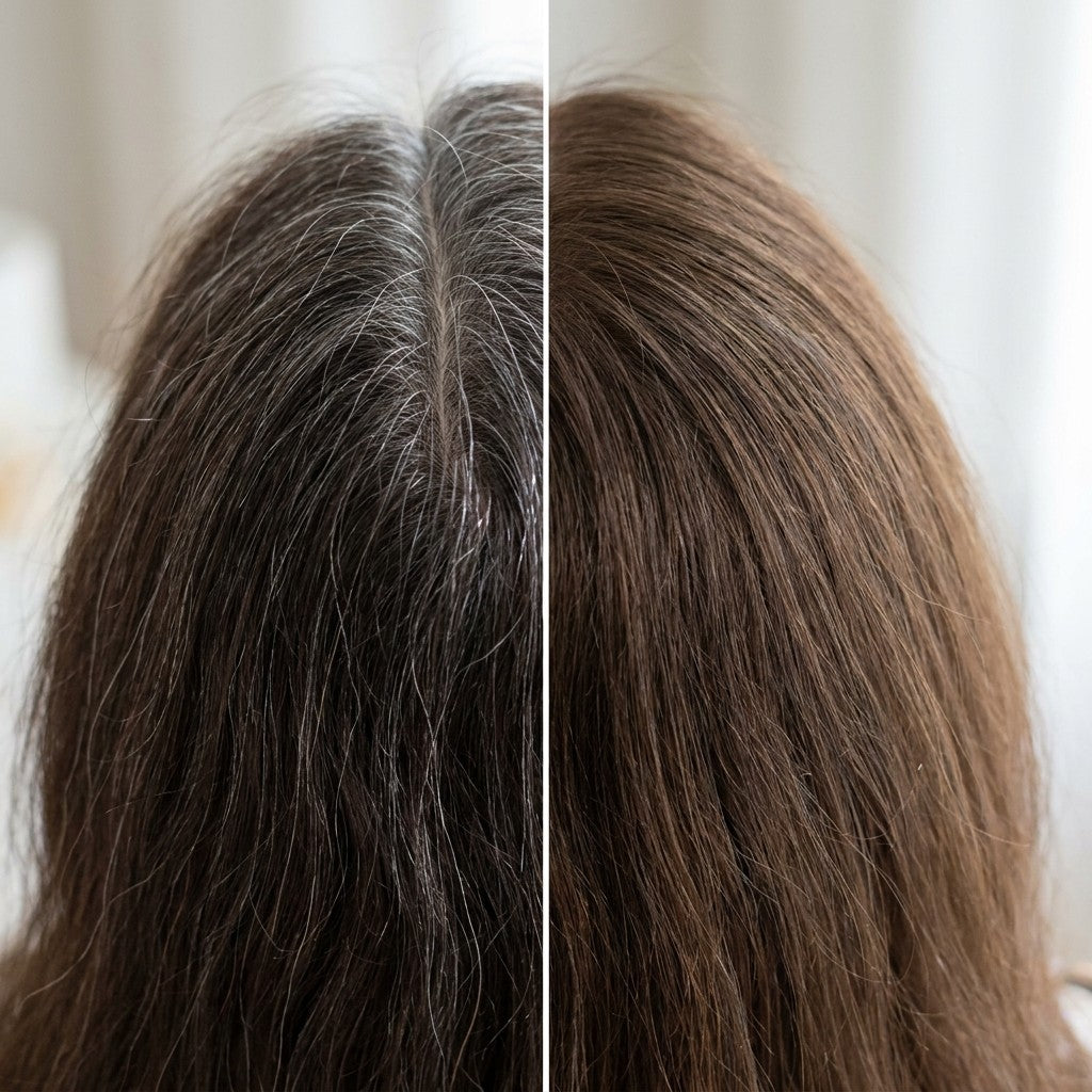 Cabello con canas antes y despues de aplicar el champu colorante MAX BELLE