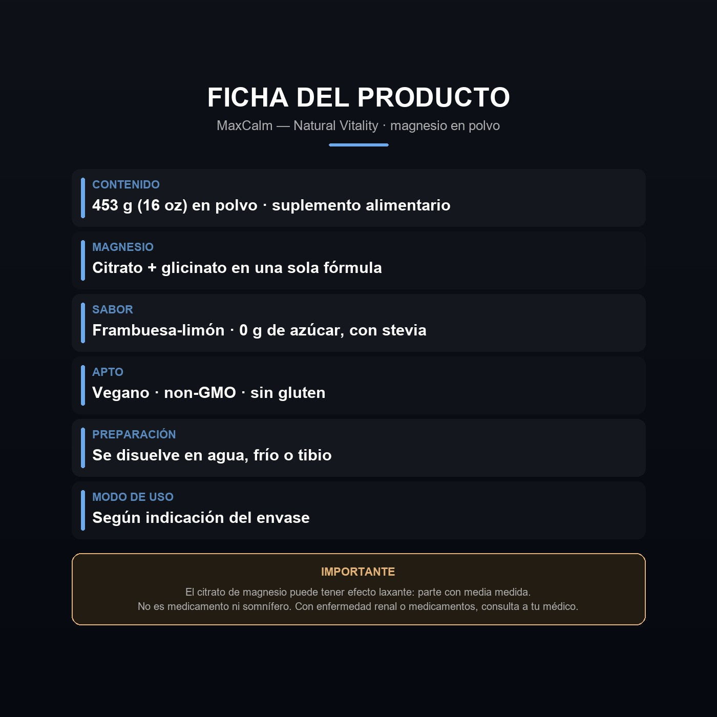 Ficha: dos formas de magnesio, 453 g, sin azucar y advertencias