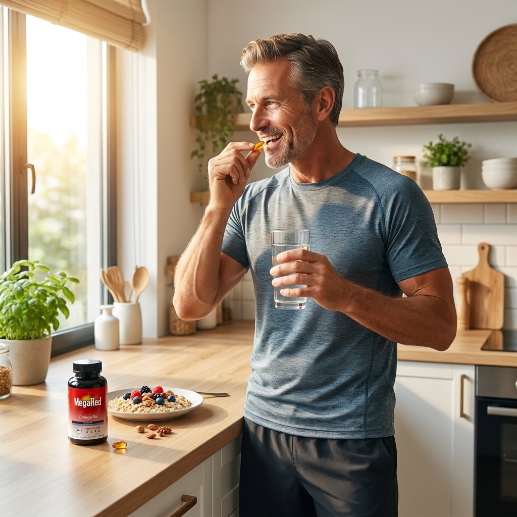 Persona tomando MegaRed Omega 3 rutina diaria bienestar cardiovascular activo