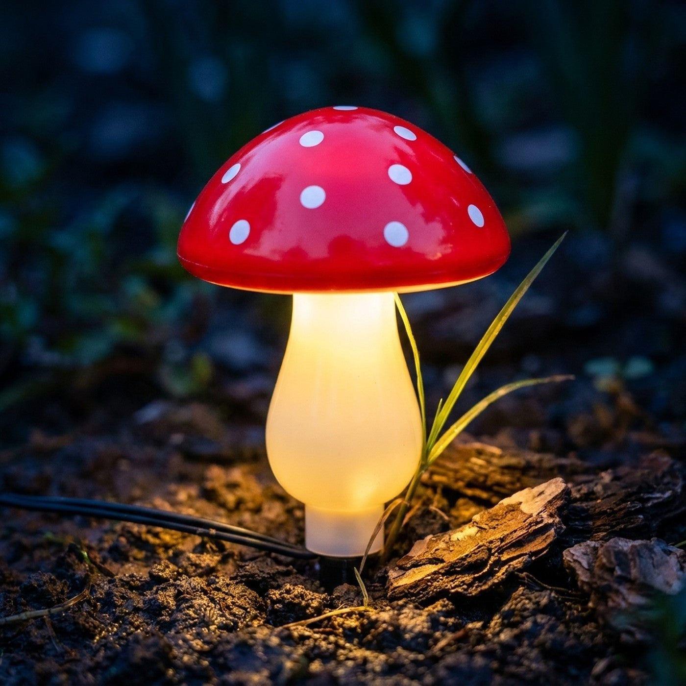 Sombrero rojo con puntos blancos y tallo que ilumina