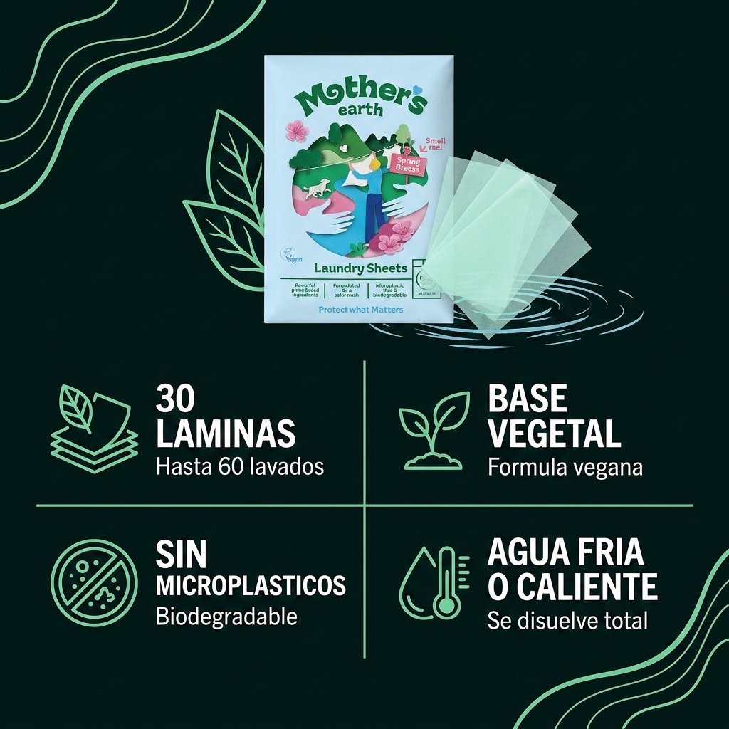 Mother's Earth 30 láminas hasta 60 lavados vegano libre microplásticos biodegradable