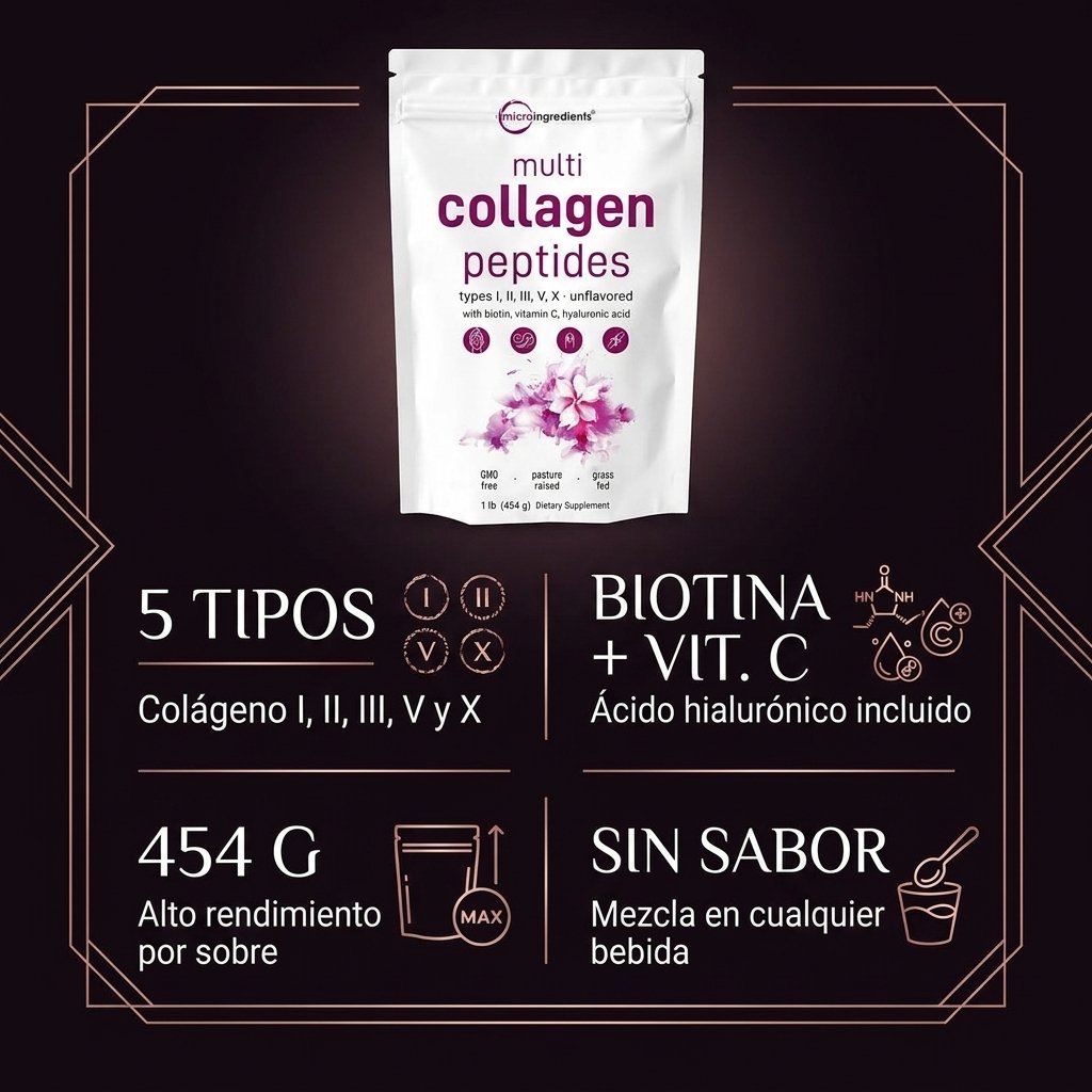 5 tipos colágeno I II III V X biotina vitamina C ácido hialurónico 454g