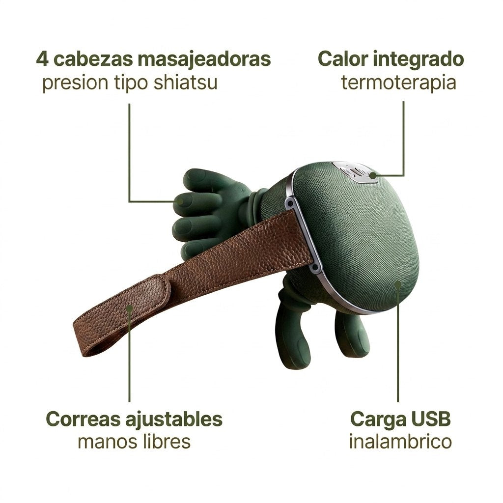 Especificaciones NECKZEN: 4 cabezas shiatsu, calor integrado, correas ajustables, carga USB