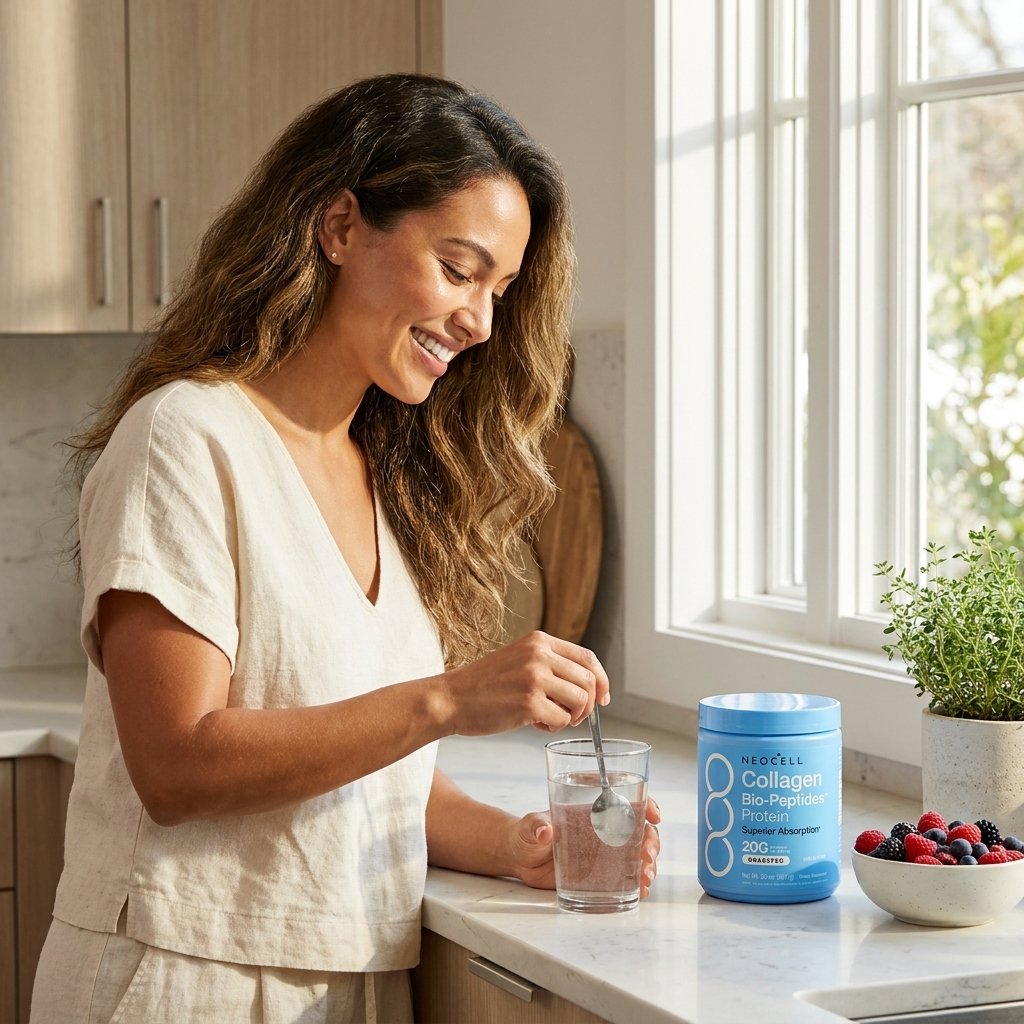 Mujer piel luminosa mezclando NEOCELL colágeno agua rutina belleza diaria