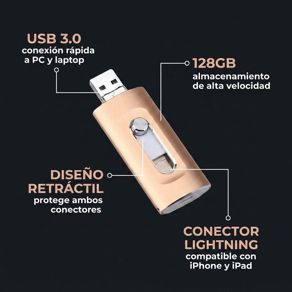 Especificaciones: 128GB, conector Lightning, USB 3.0, diseño retráctil