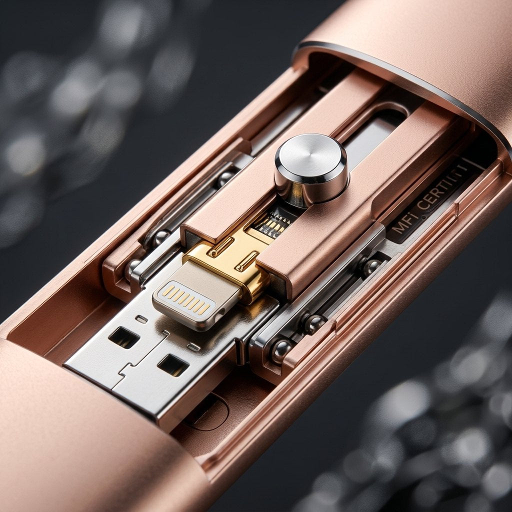 Macro del conector retráctil Lightning y USB-A de la memoria NEXDRIVE
