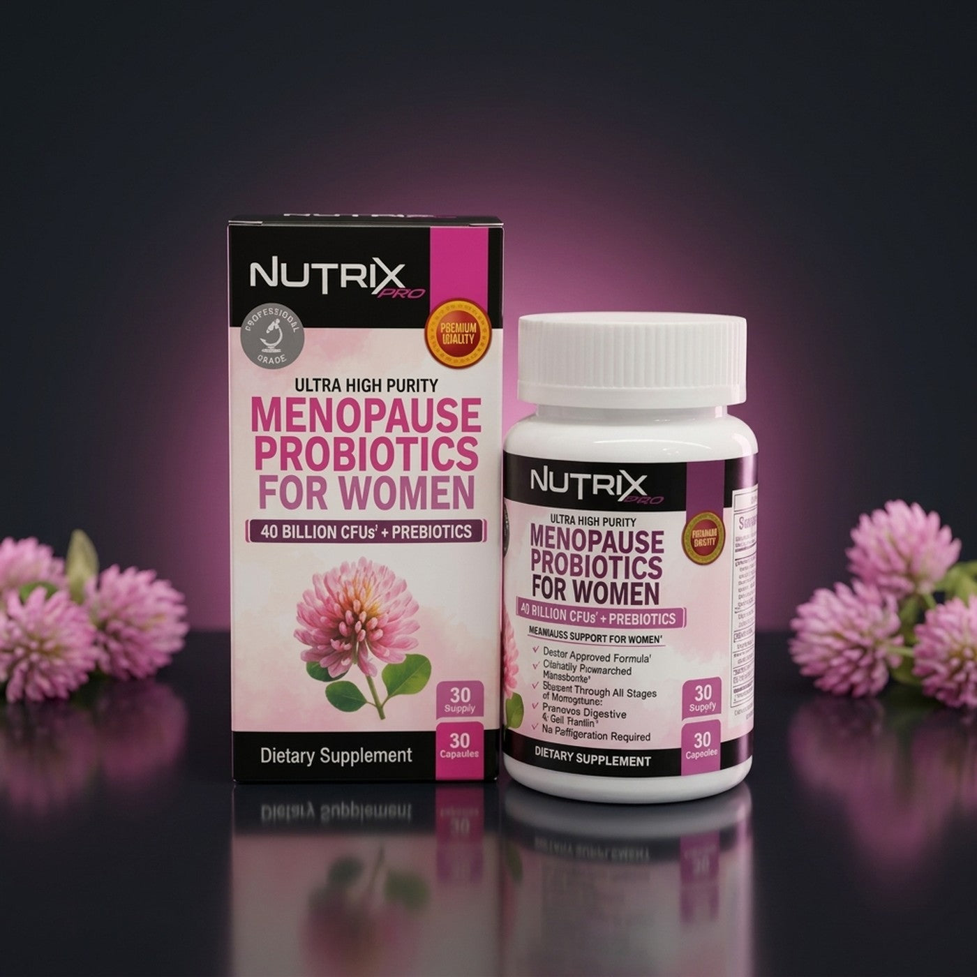 Nutrix Pro Menopause Probiotics, frasco y caja de 30 capsulas