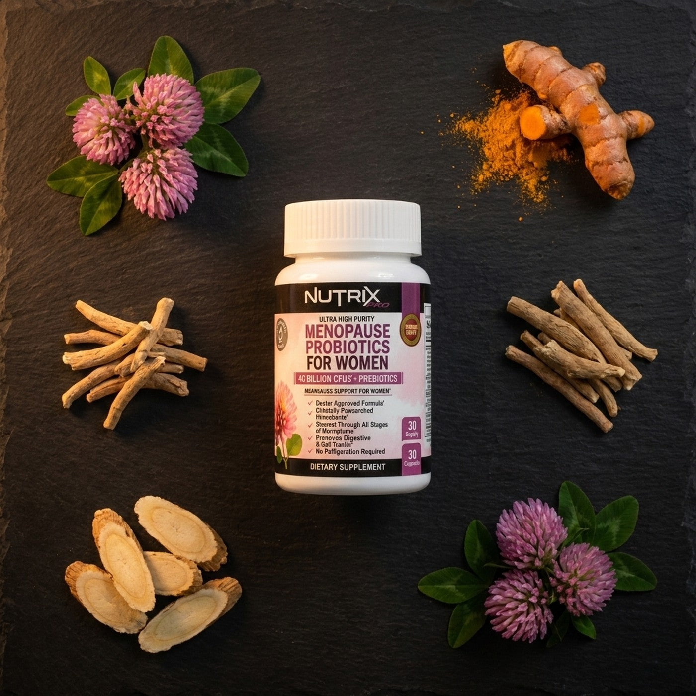 Trebol rojo, curcuma, ashwagandha y ginseng de la formula
